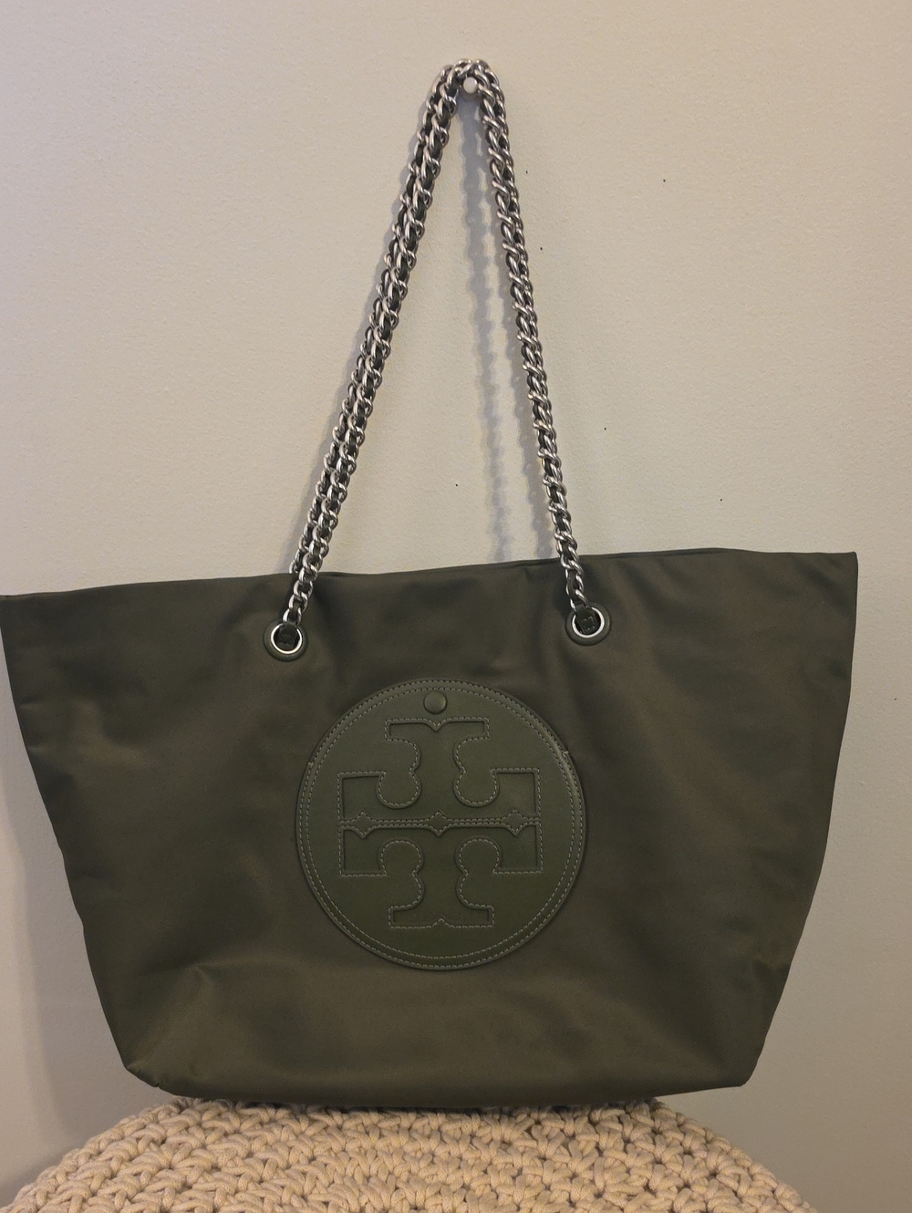 Tory Burch Olive Nylon Tote with Silver Chain Straps